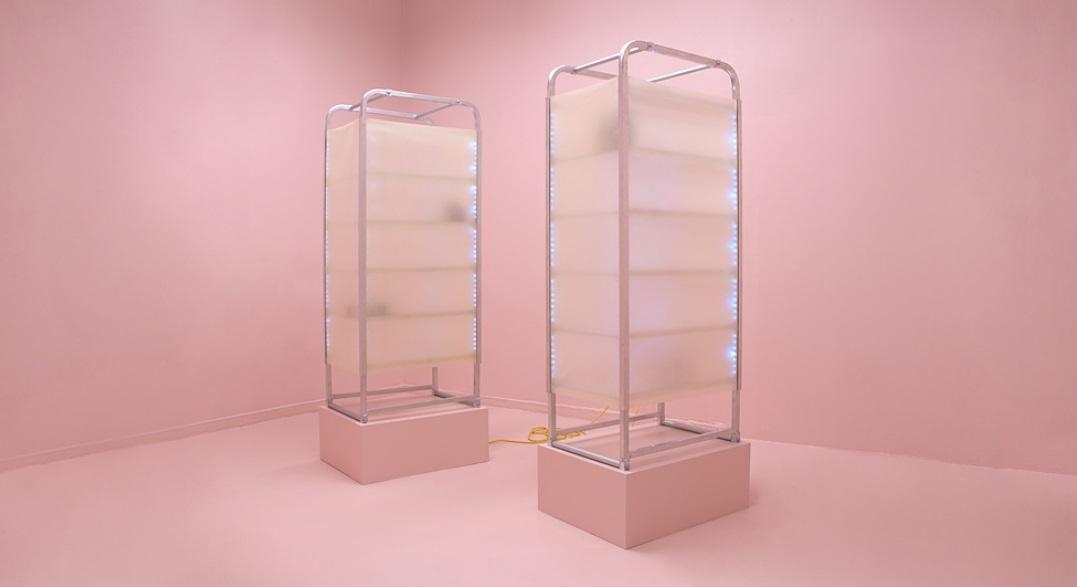Emily Culver, Labor of Suggestion, 2018, Aluminum, wood, latex, steel, LEDs, paint, 180